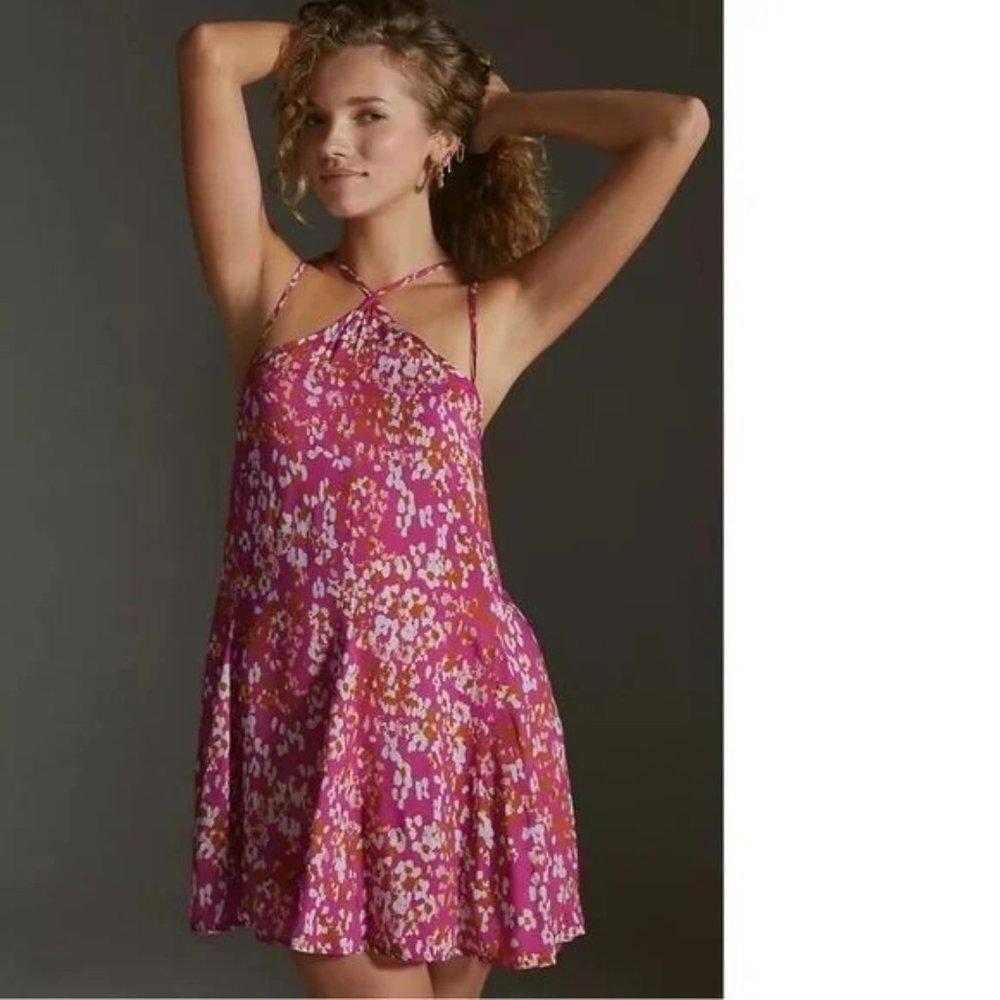 NWT Anthropologie Womens Dress S Pink Floral Strappy Open Back Mini Halter